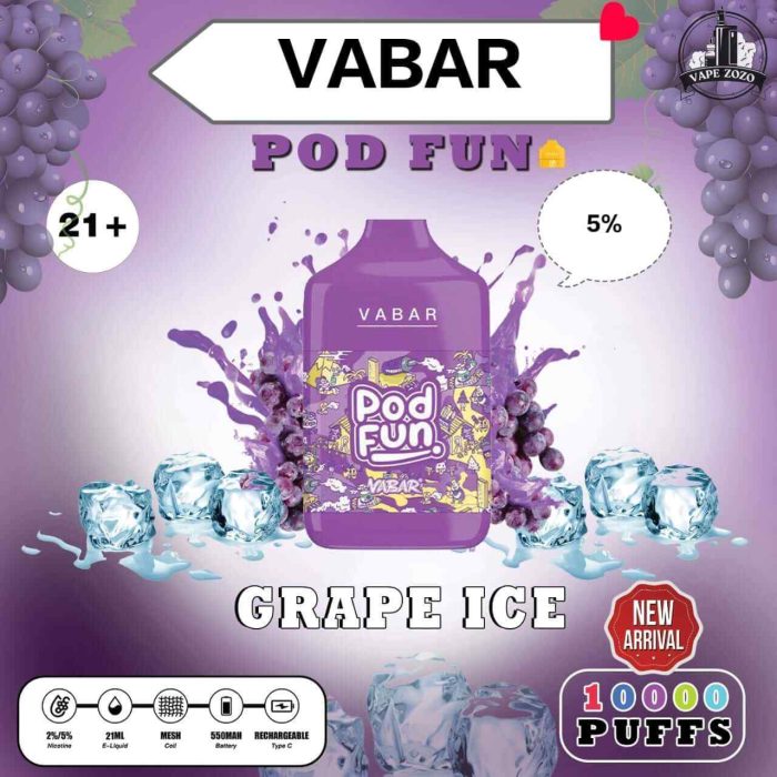 VABAR Pod Fun 10000 Puffs 50Mg Disposable Vape Price in Dubai Grape Ice