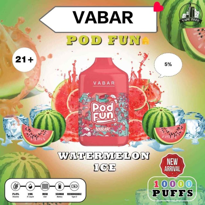 VABAR Pod Fun 10000 Puffs 50Mg Disposable Vape Price in Dubai WATERMELON ICE