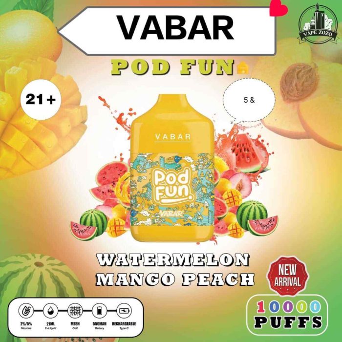 VABAR Pod Fun 10000 Puffs 50Mg Disposable Vape Price in Dubai WATERMELON MANGO PEACH