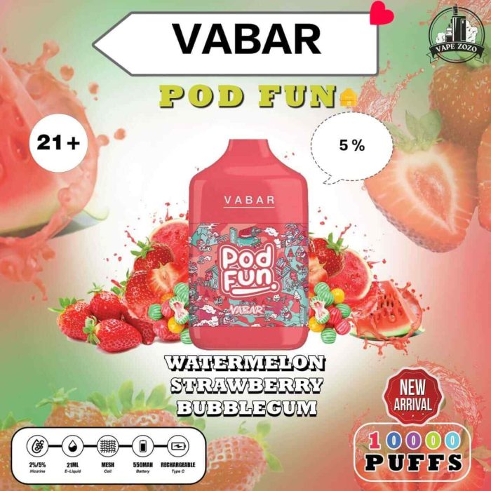 VABAR Pod Fun 10000 Puffs 50Mg Disposable Vape Price in Dubai WATERMELON STRAWBERR BUBBLE GUM