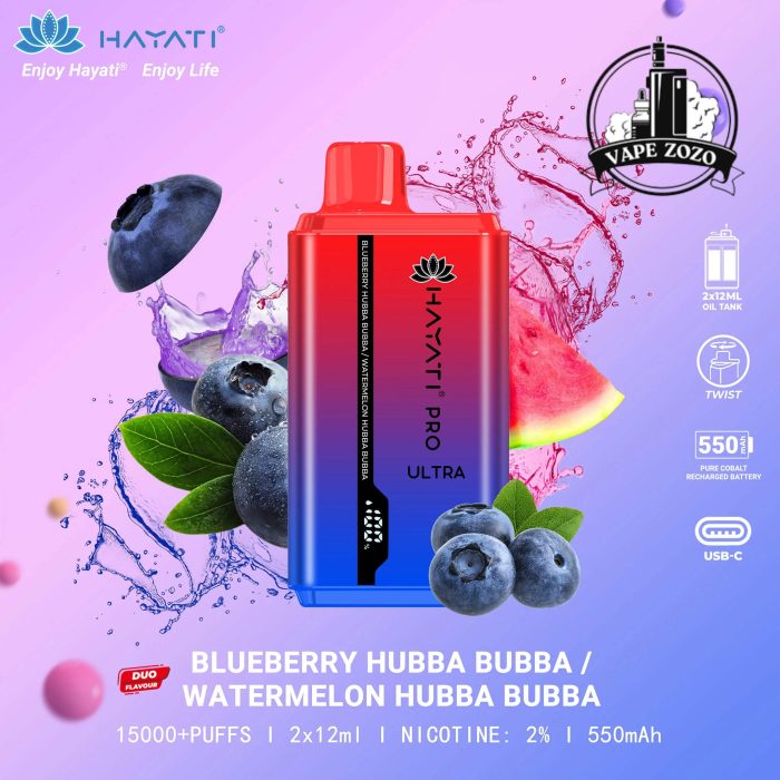 HAYATI Pro Ultra 15000 Puffs 20MG Disposable Vape Price in Dubai Blueberry Hubba Bubba Watermelon Hubba Bubba